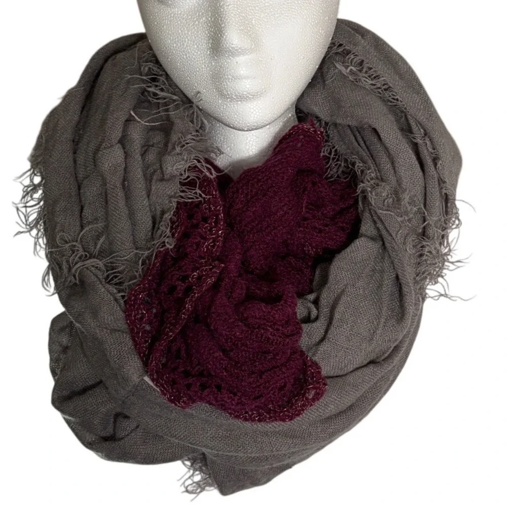 Grey and Burgundy Crochet Infinity Scarfs with Frayed Fringe and Shimmer 2scarfs